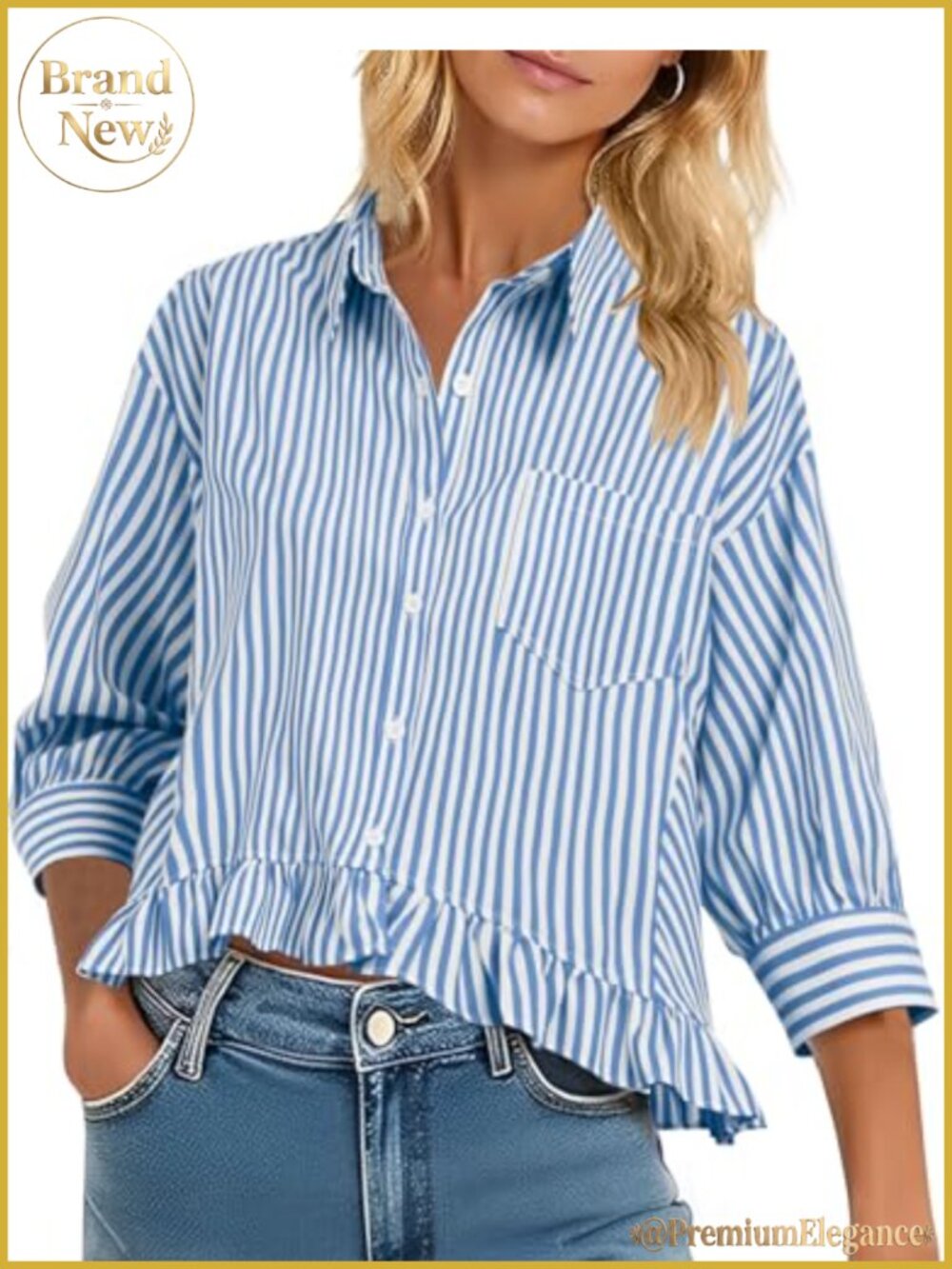 Womens 3/4 Sleeve Ruffle V-Neck Button Down Blouse Casual Office Top